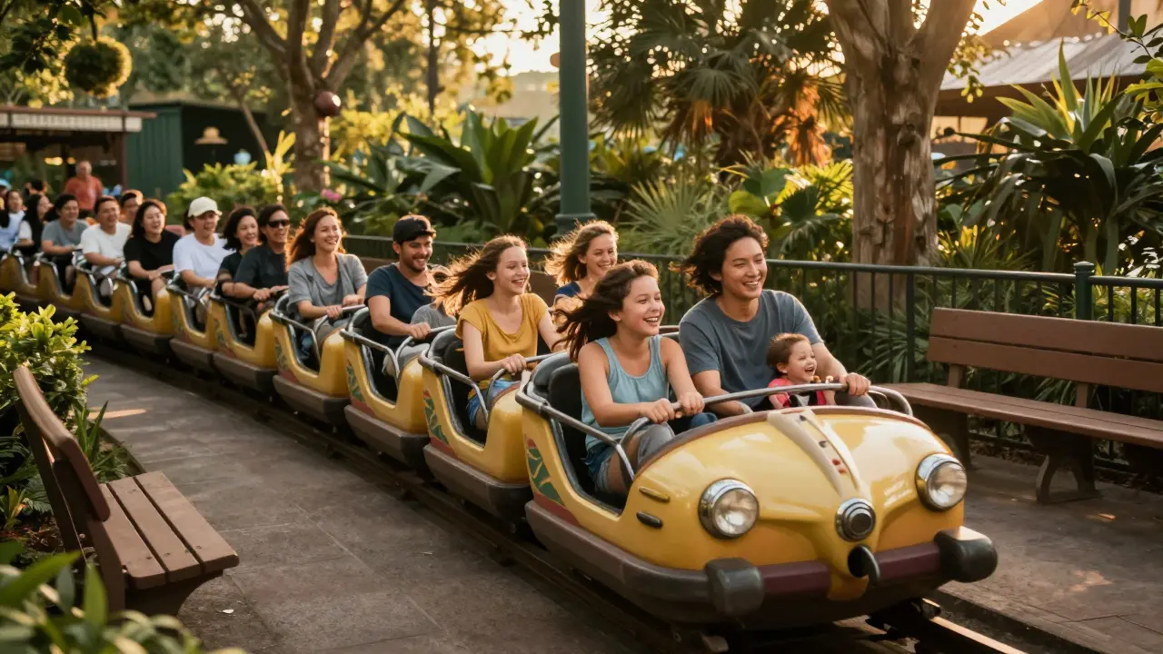 A family rides Seven Dwarfs Mine Train in the afternoon with short lines and golden sunlight, relaxed and smiling.