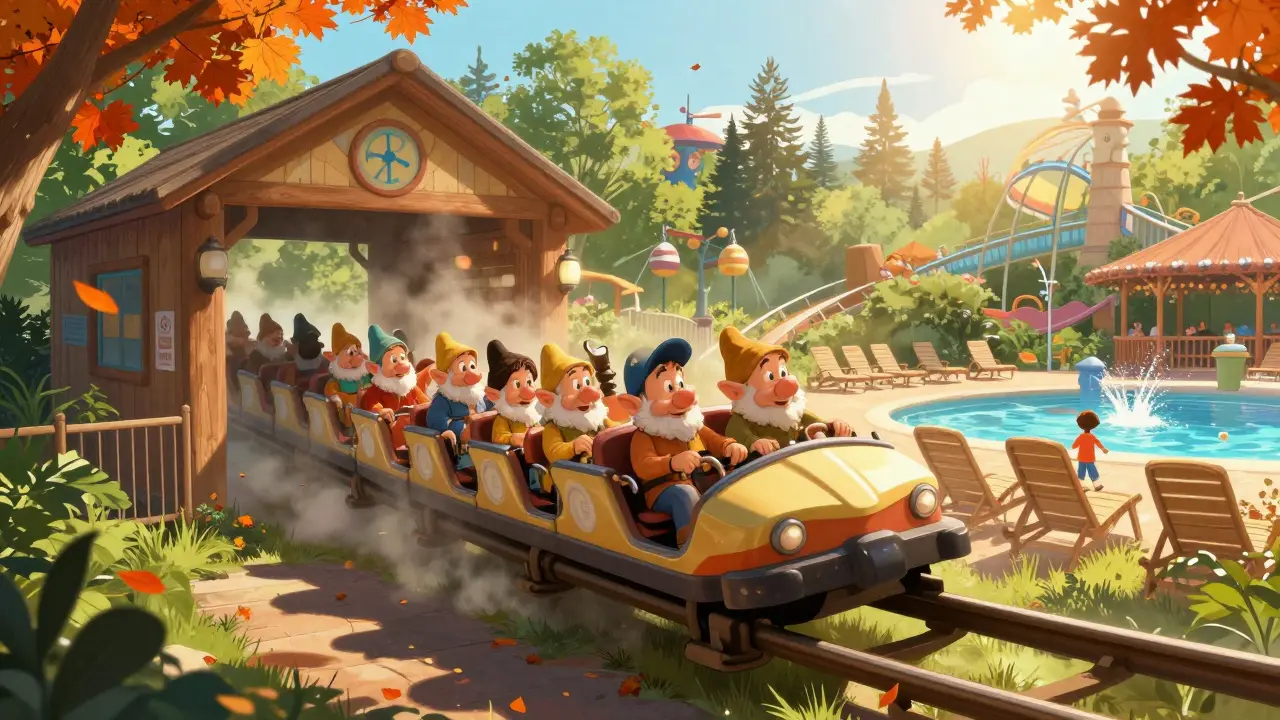 A family riding Seven Dwarfs Mine Train in early September with no wait and empty water park chairs nearby.