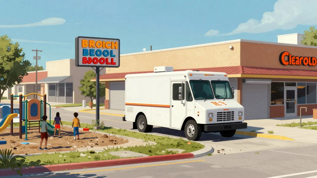 A mobile produce truck beside a closed grocery store in a Clearwater neighborhood, surrounded by fast-food restaurants.