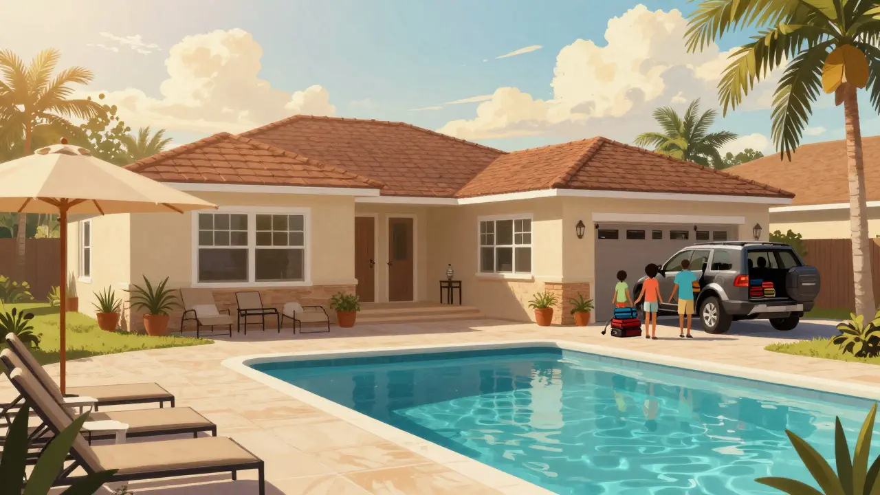 A quiet vacation home in Kissimmee with a pool and rented SUV, bathed in warm afternoon light.