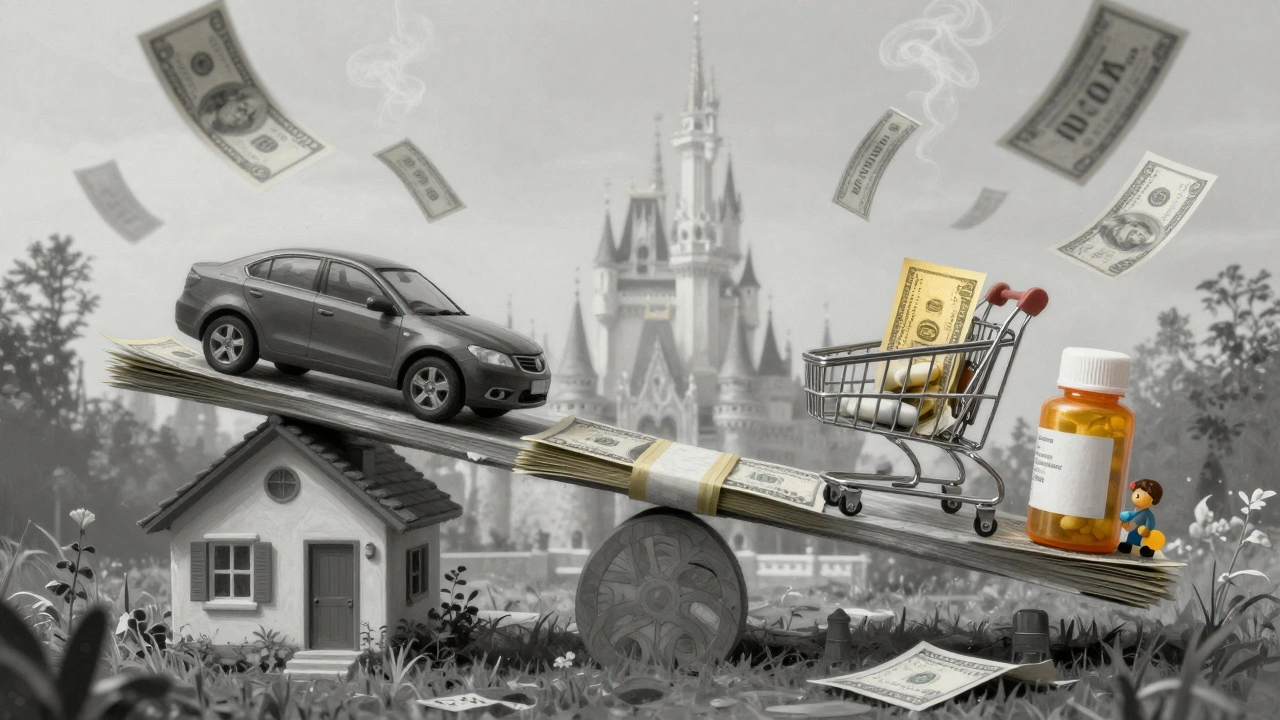 A scale balances fraying money against housing, car, and medical costs, with Disney castle in the distant haze.