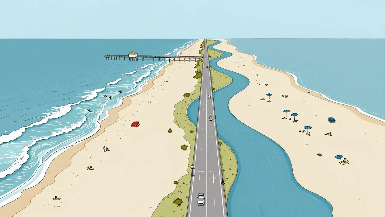 Aerial split view showing Atlantic and Gulf beaches from Kissimmee with road dividing them
