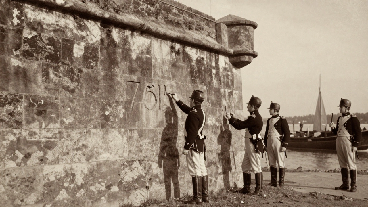 British soldiers carving initials into the fort&#039;s stone wall in the 1700s.