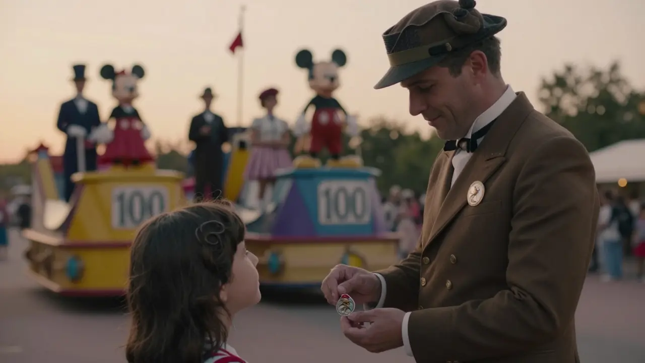Cast member giving a special 100 pin to a child amid a parade with classic Disney characters in retro attire.