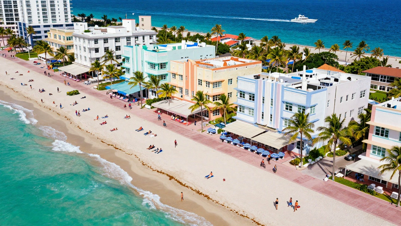Colorful Art Deco buildings and sunbathers on Miami's South Beach.