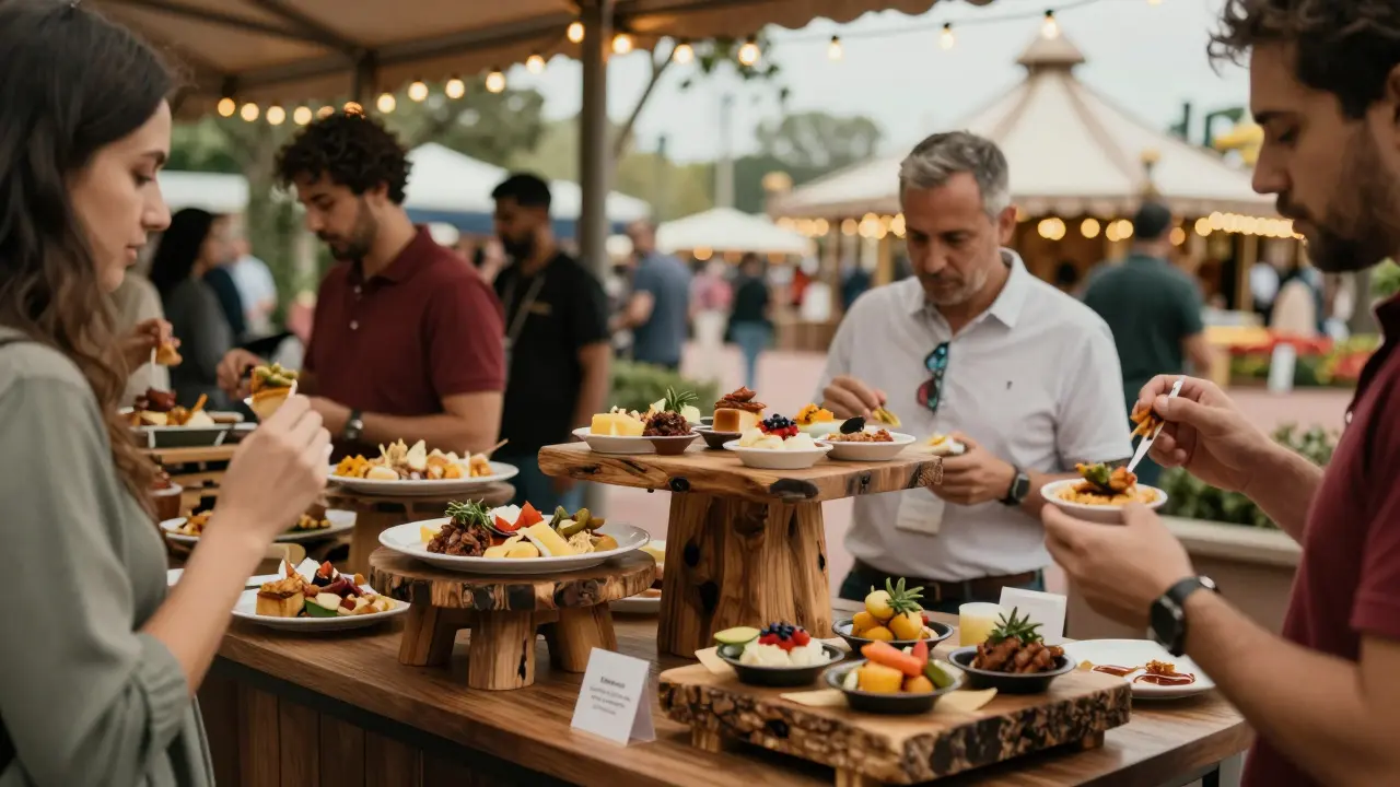 Colorful international food samples at Epcot's Food &amp; Wine Festival under string lights.