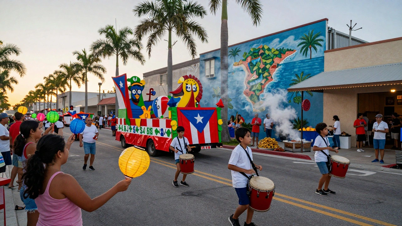 Colorful parade during Fiesta de la Calle San Sebastián with bomba drums, children dancing, and food stalls in the background.