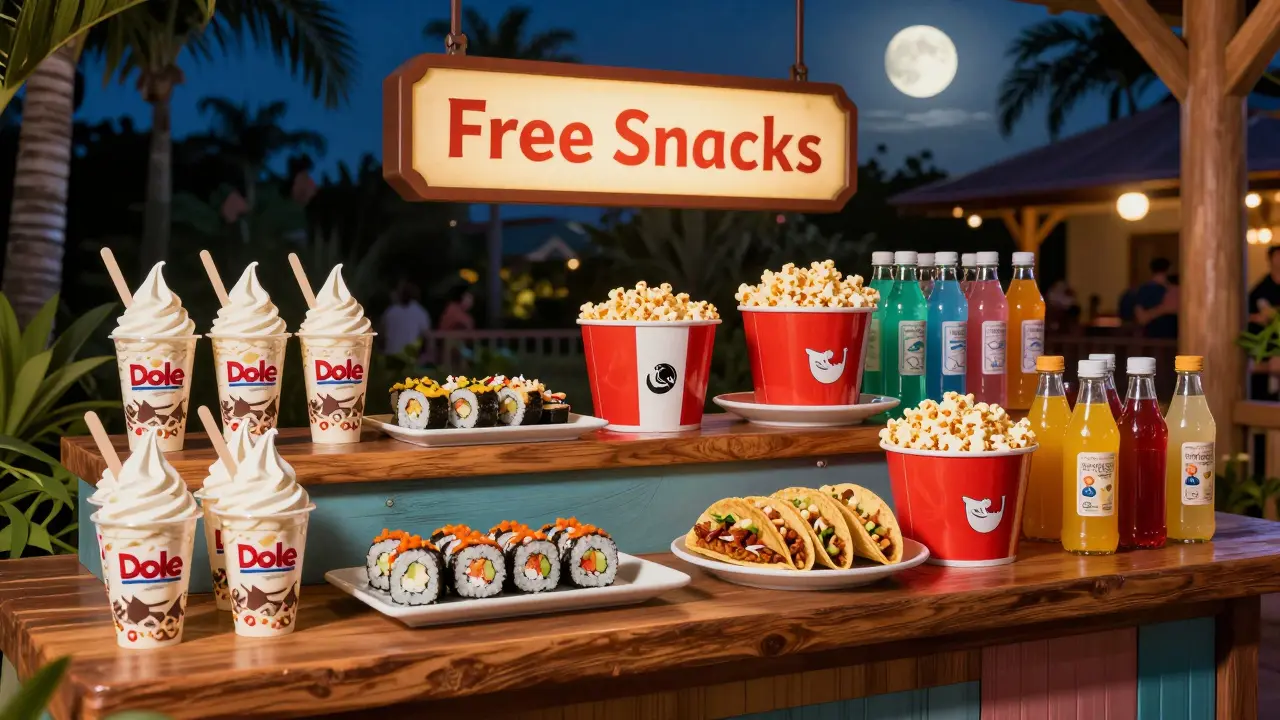 Colorful snack station at Epcot offering free Dole Whip, sushi, tacos, and popcorn during nighttime event.