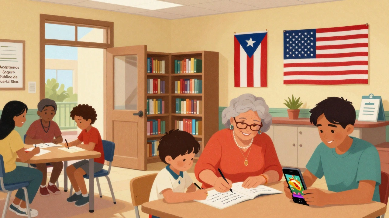 Community center with bilingual classrooms, a grandmother teaching a child, and Puerto Rican and American flags on the wall.