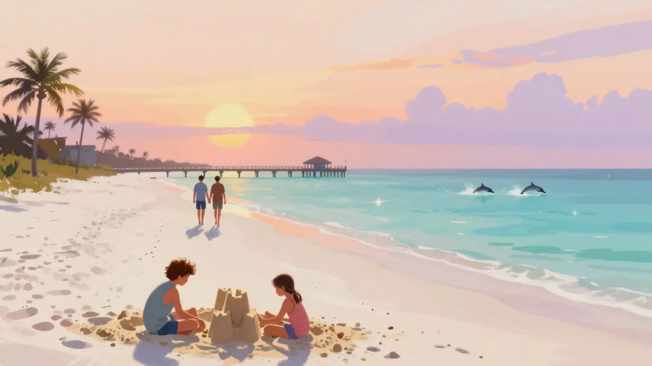 Couple walking on Clearwater Beach at sunset with pier and dolphins in distance