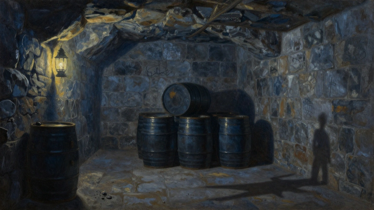 Dimly lit underground powder magazine inside the fort with lantern light on stone walls.