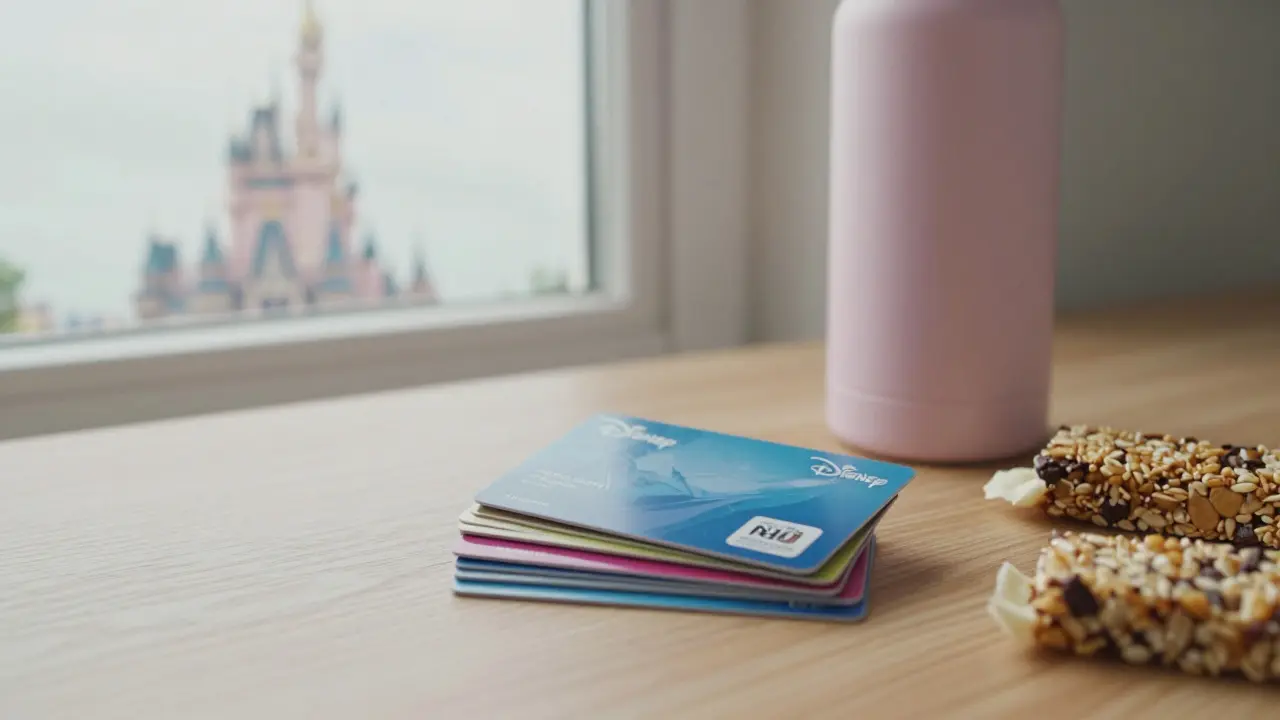 Disney gift cards, a water bottle, and snacks laid out on a table with a castle reflection in the window.