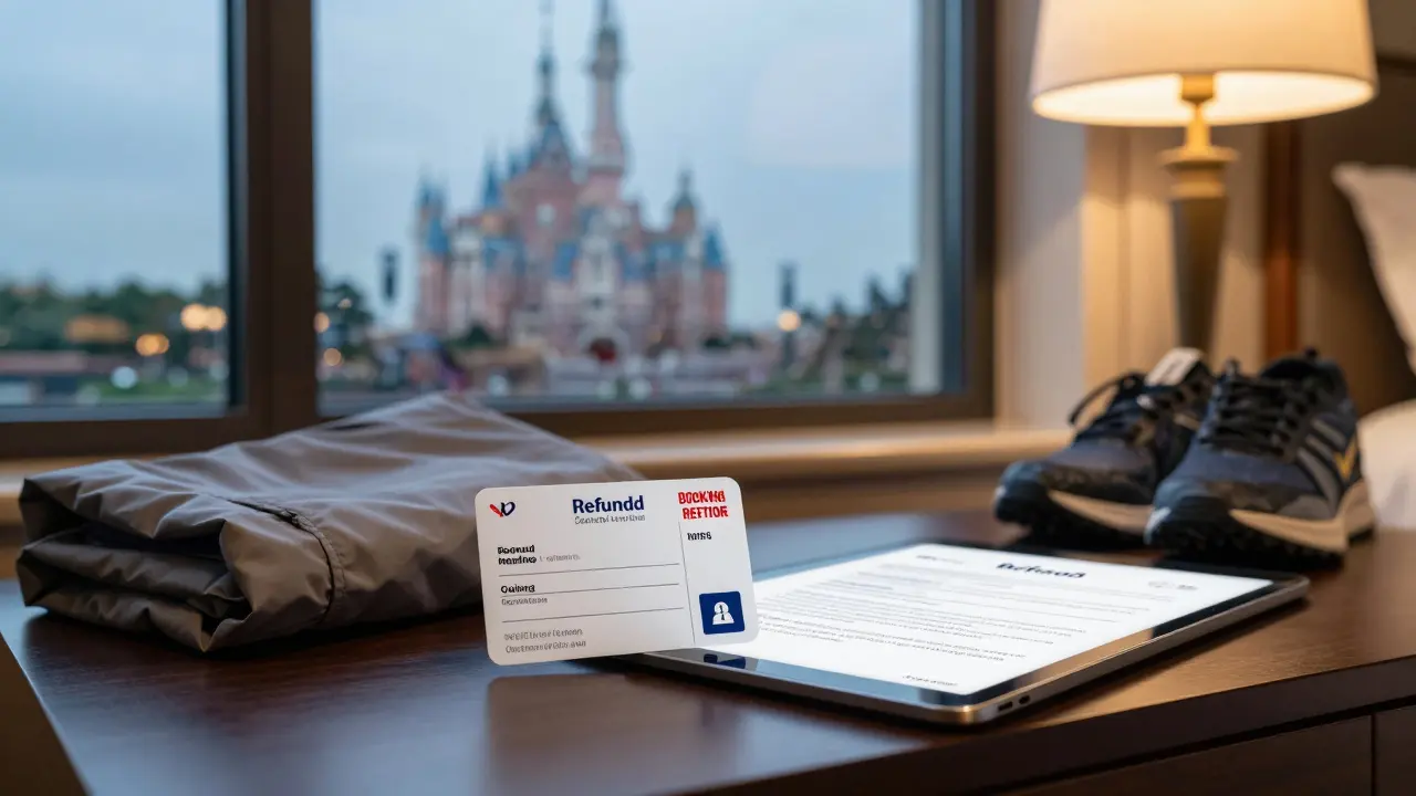 Disney hotel keycard and refundable booking on tablet, view of quiet park in distance.