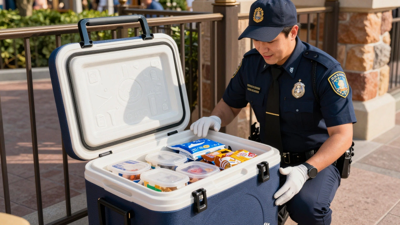 Disney security officer inspecting a small cooler filled with food at park entrance.