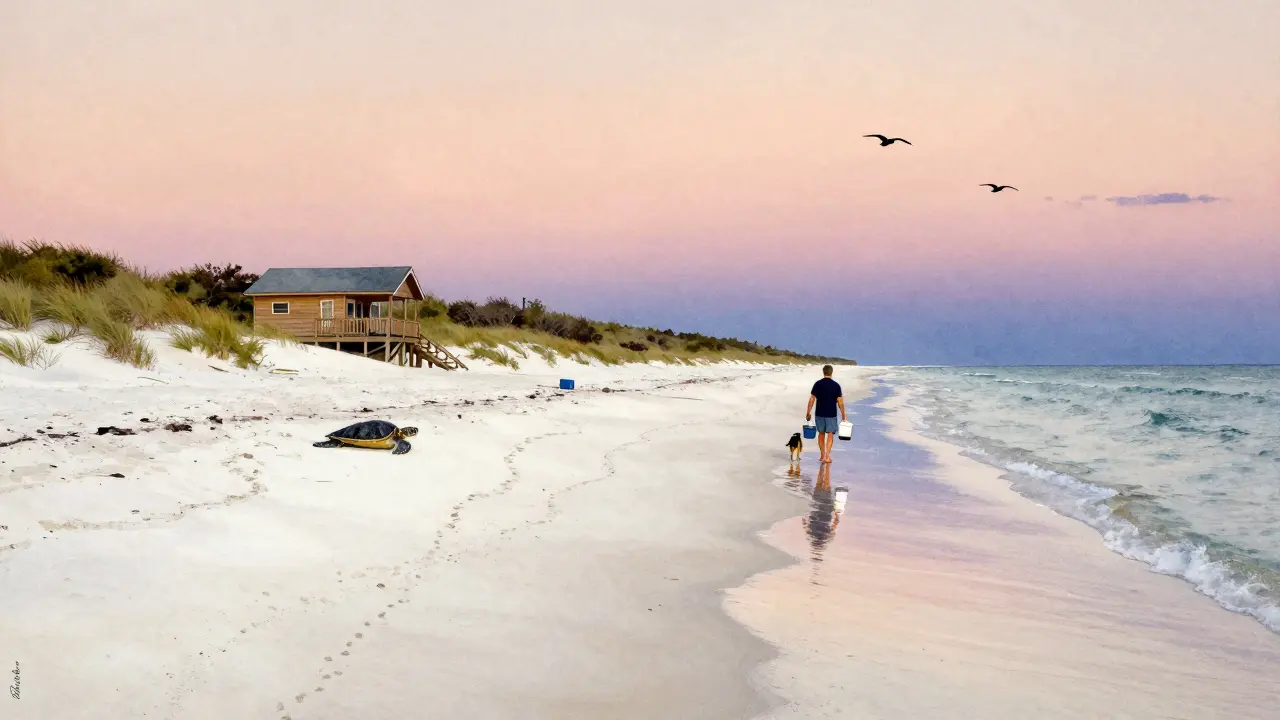 Empty white sand beach on St. George Island at dusk with a fisherman and his dog walking the tide line.