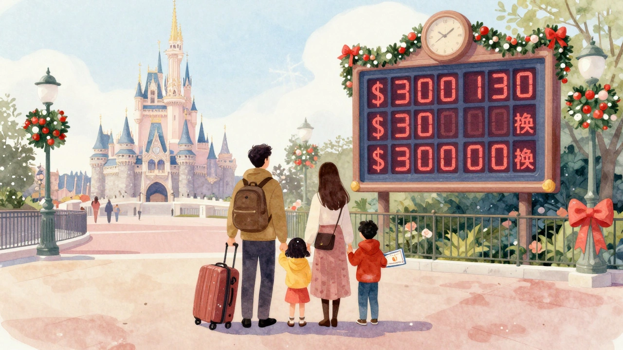 Family at Disney&#039;s All-Star Movies resort with a price board showing a sharp increase from 0 to 0 per night.