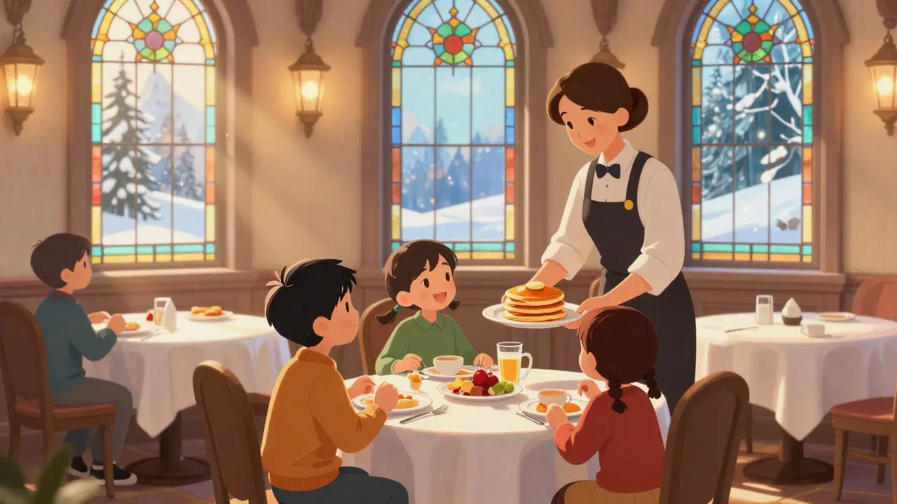 Family enjoying a character breakfast at Be Our Guest Restaurant with no crowds and warm lighting.