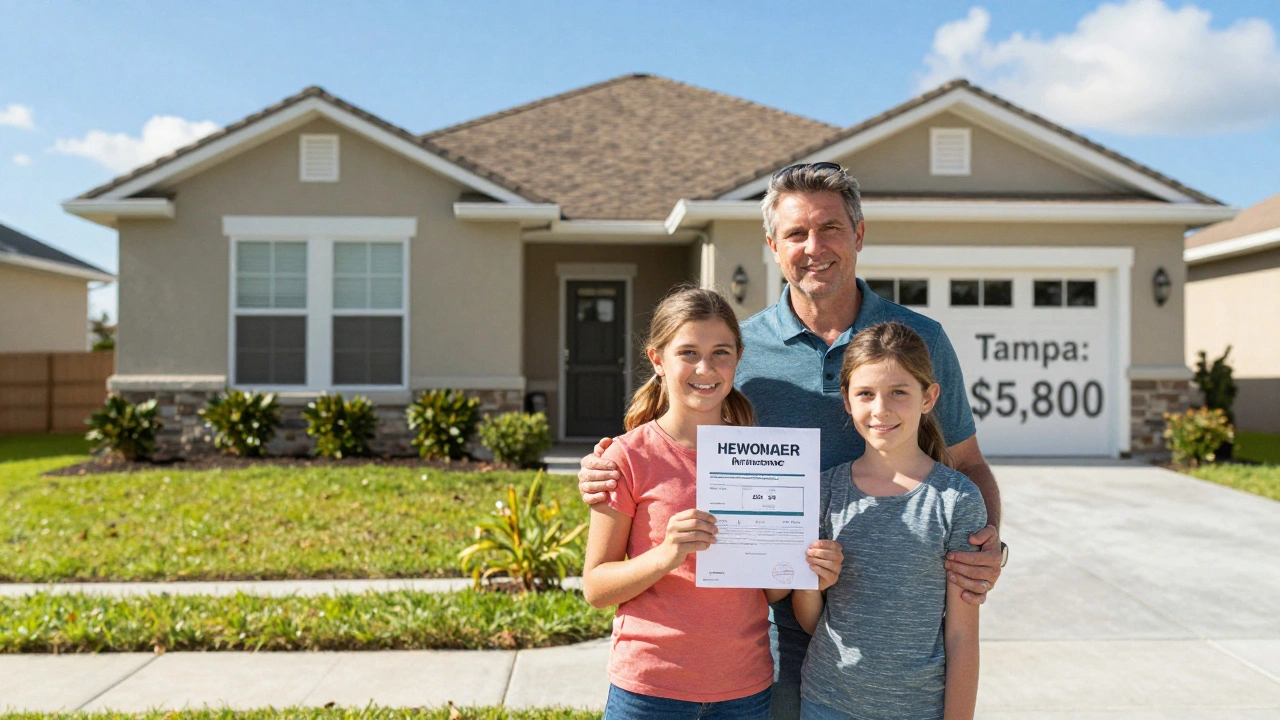 Family in front of a modern home in Kissimmee with low insurance cost visible on a document.