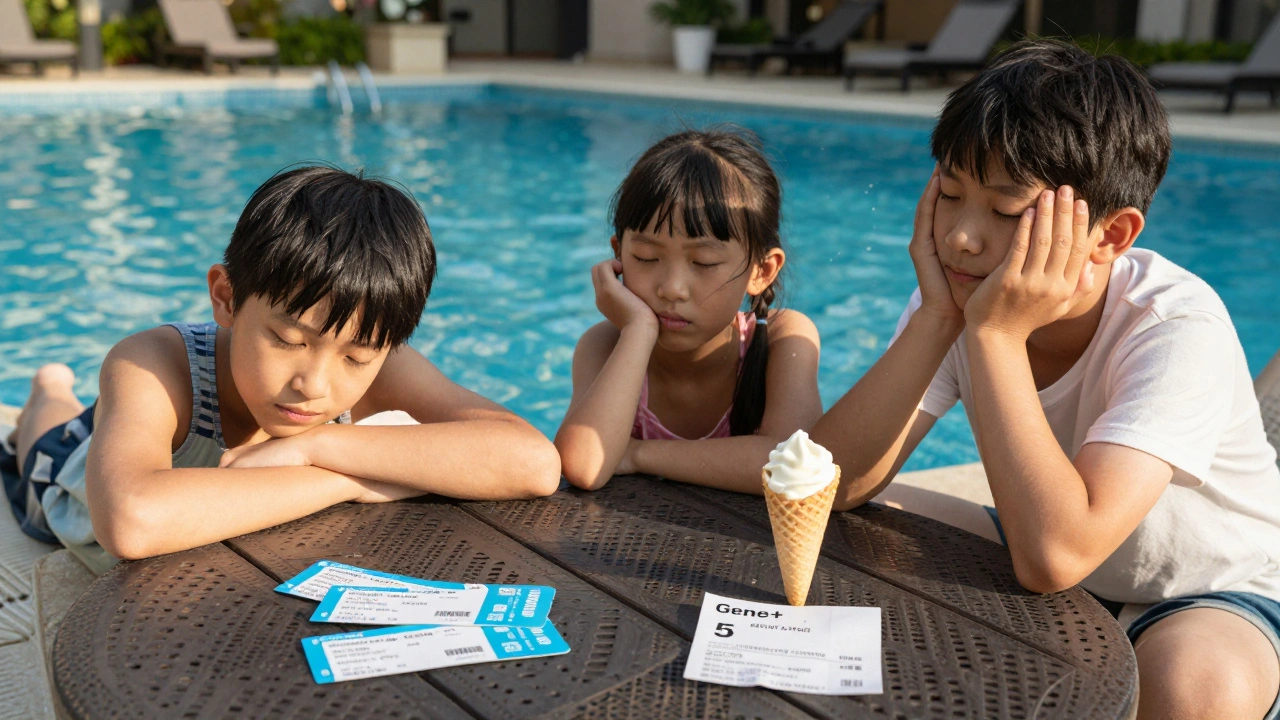 Family relaxing by hotel pool with unused park tickets and Genie+ receipt nearby.