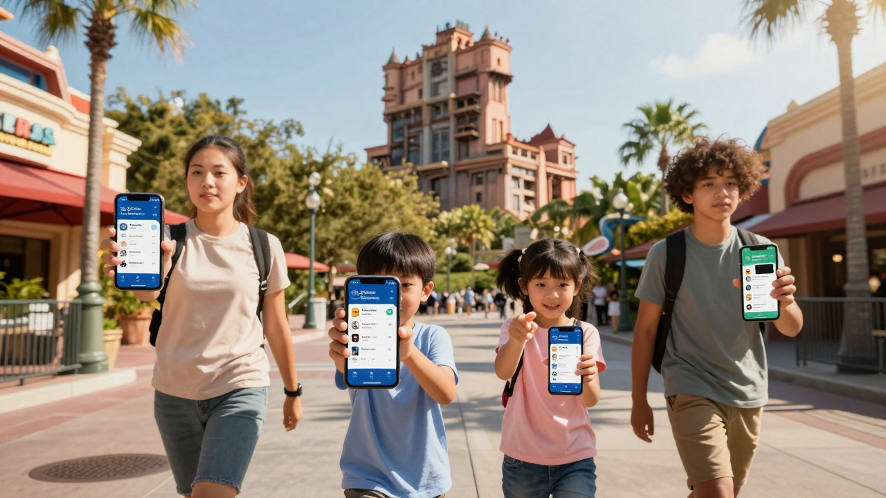 Family using phones to check Lightning Lane options while walking through Hollywood Studios.