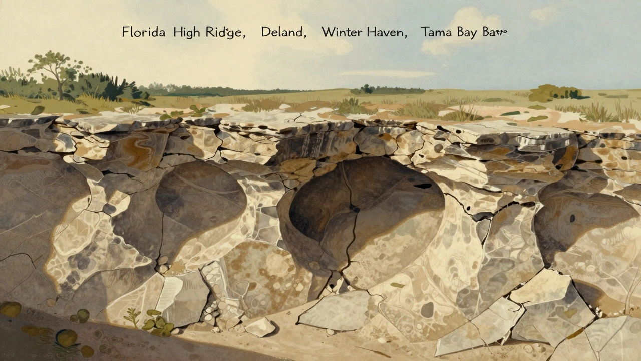 Geological cross-section of Florida&#039;s High Ridge showing stable, ancient limestone bedrock.