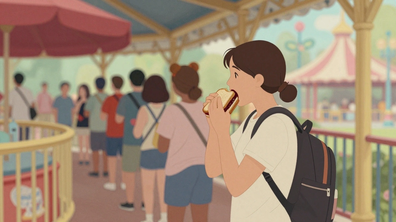 Guest eating a sandwich while waiting in line for a Disney ride surrounded by park scenery.