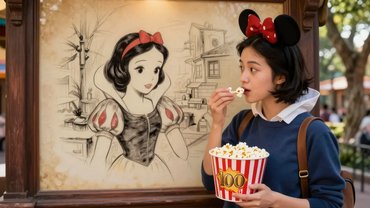 Guest wearing golden Mickey ears holding a 100th anniversary popcorn bucket near vintage Disney animation art.