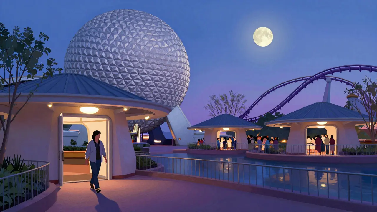 Guests enjoy rides at EPCOT after regular closing, with Spaceship Earth lit up under a night sky.