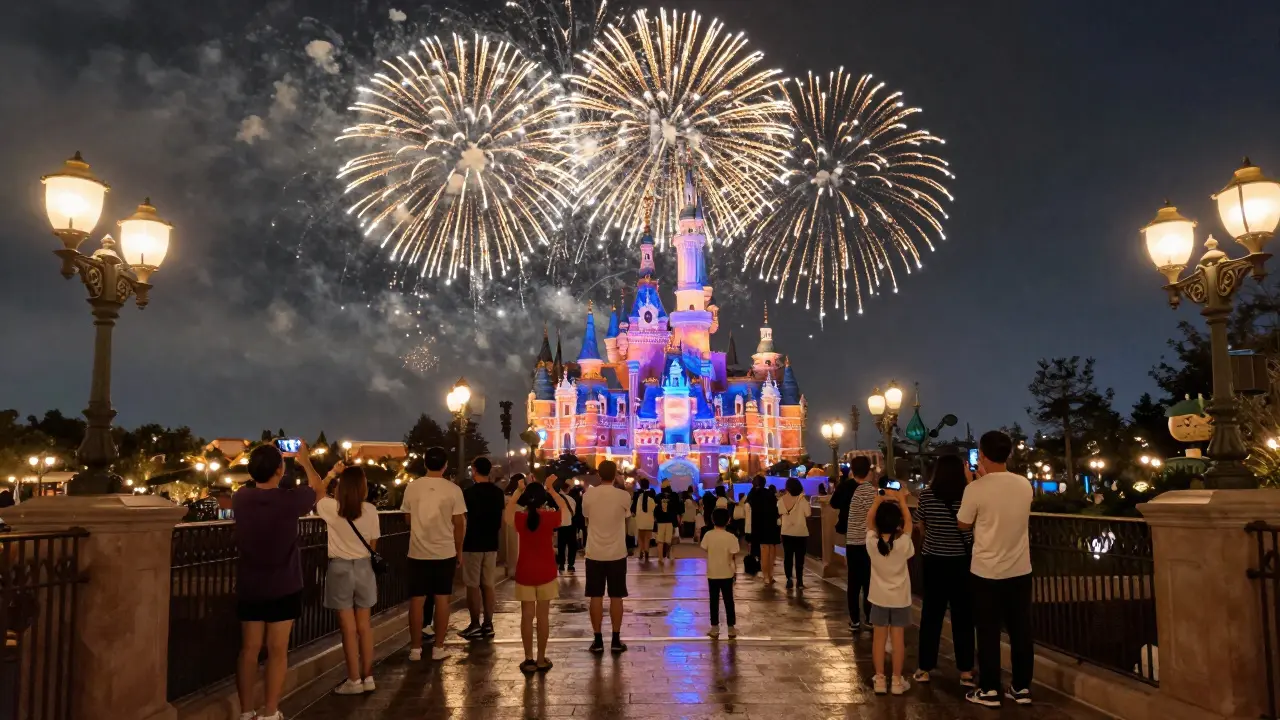 Guests watching Harmonious fireworks from the bridge between Main Street and Fantasyland.