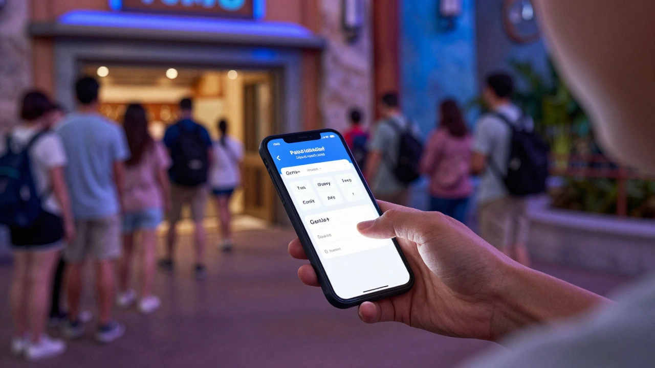 Hand scanning MagicBand at Avatar Flight of Passage entrance with Genie+ itinerary on phone.