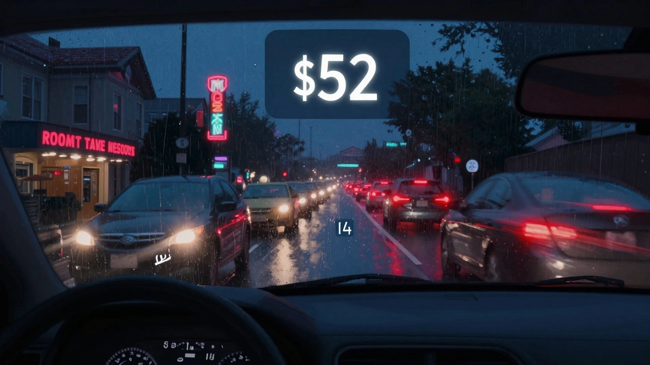 Inside an Uber during evening rush hour, showing a high fare estimate on the app with blurred traffic lights outside.