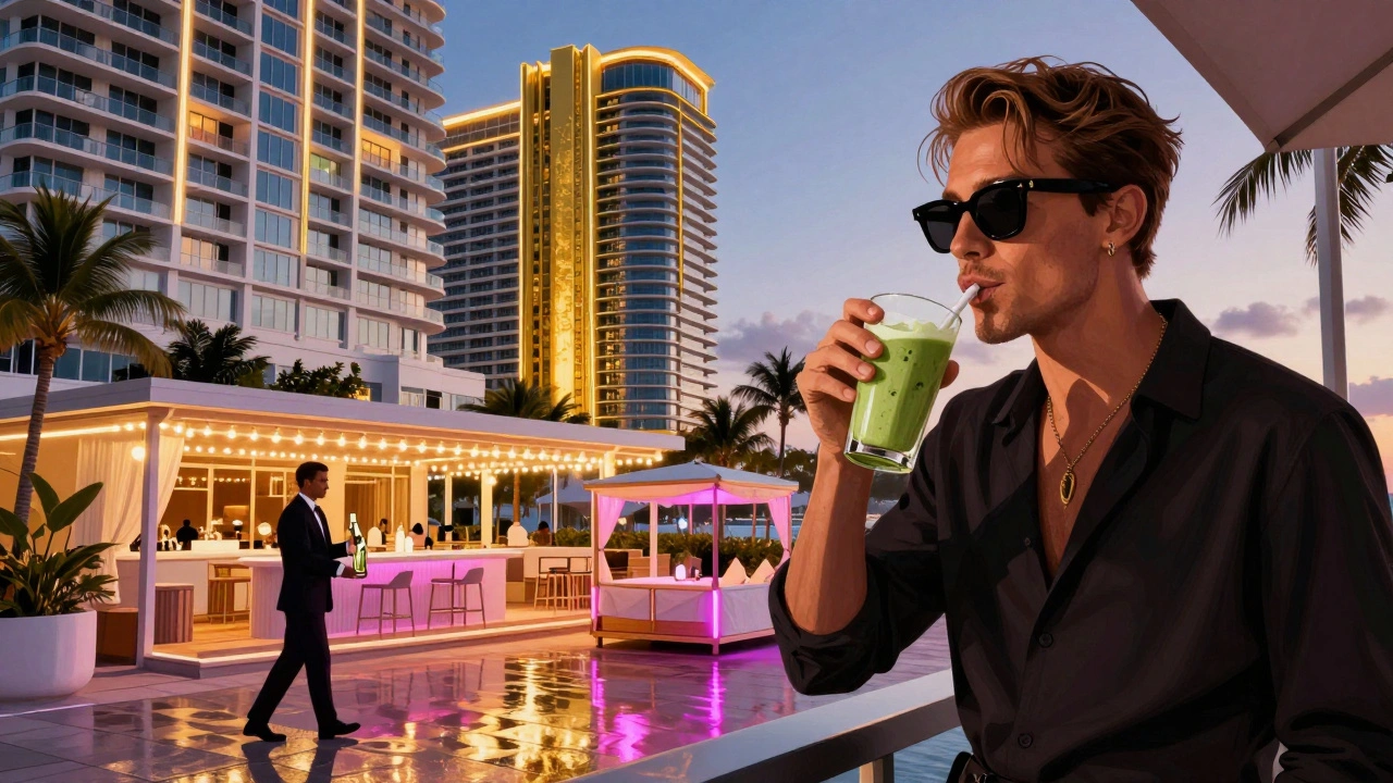 Luxury hotel on Miami Beach at dusk with rooftop bar, private beach club, and glamorous guests enjoying the view.