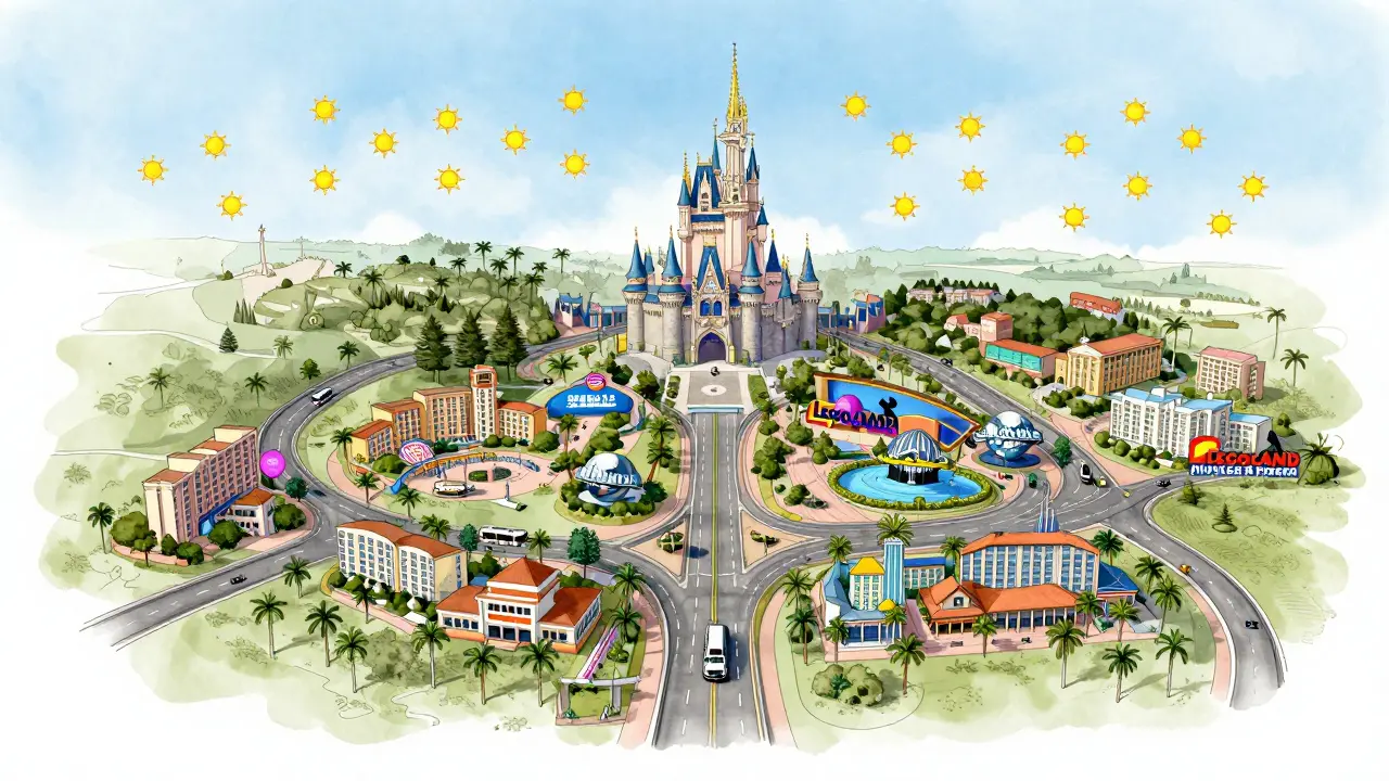 Map-style illustration of Orlando's major theme parks and hotel clusters under sunny skies.