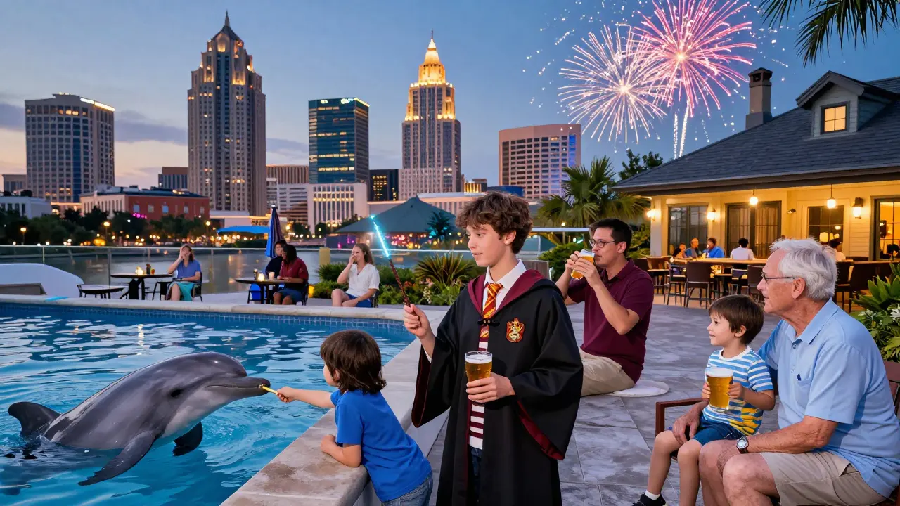 Multi-generational group enjoying diverse Orlando attractions from theme parks to rooftop bars.