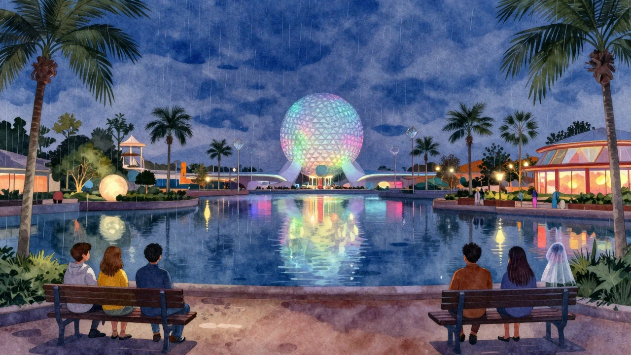 Nighttime Epcot fireworks show with few guests on benches, soft rain, colorful lights on water.