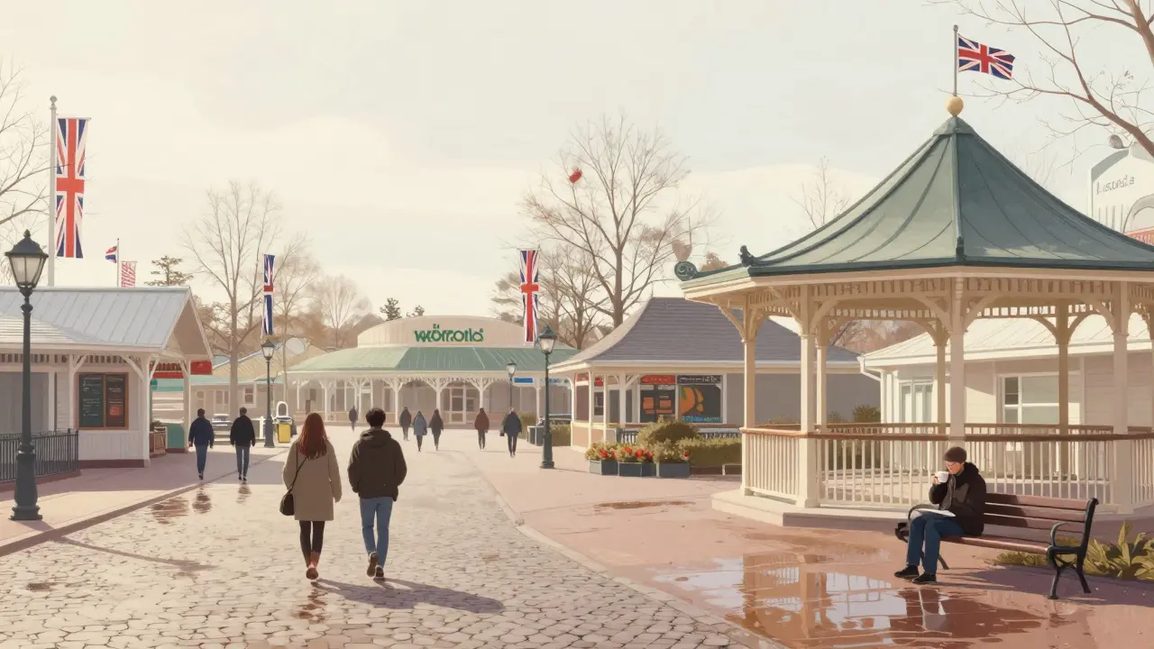 Quiet Epcot World Showcase with few visitors, empty pavilions, soft overcast light.