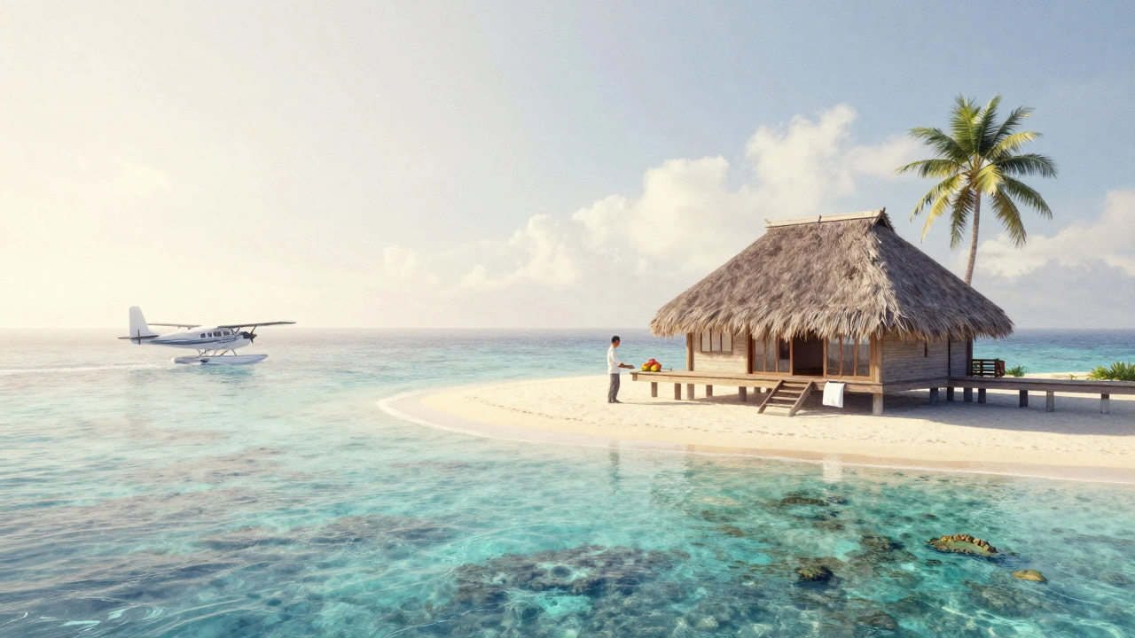 Secluded bungalow on Little Palm Island at sunrise, surrounded by turquoise water and untouched nature.