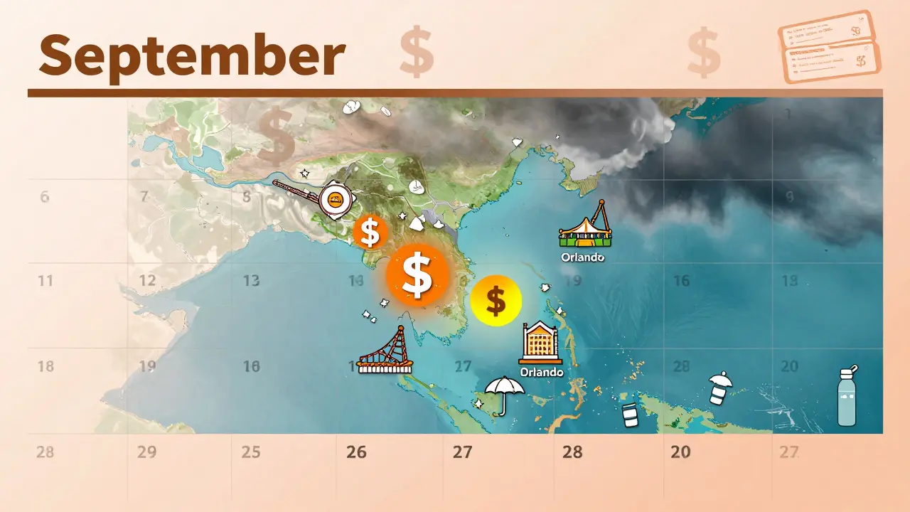 September calendar with falling prices and distant storm clouds, symbolizing affordable Orlando travel.