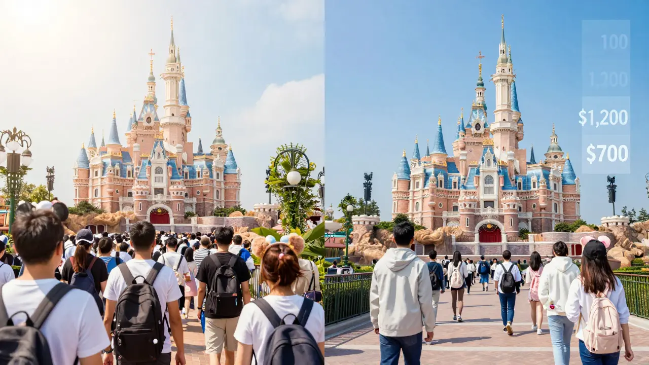 Side-by-side comparison of crowded summer Disney park versus peaceful January visit with price savings.
