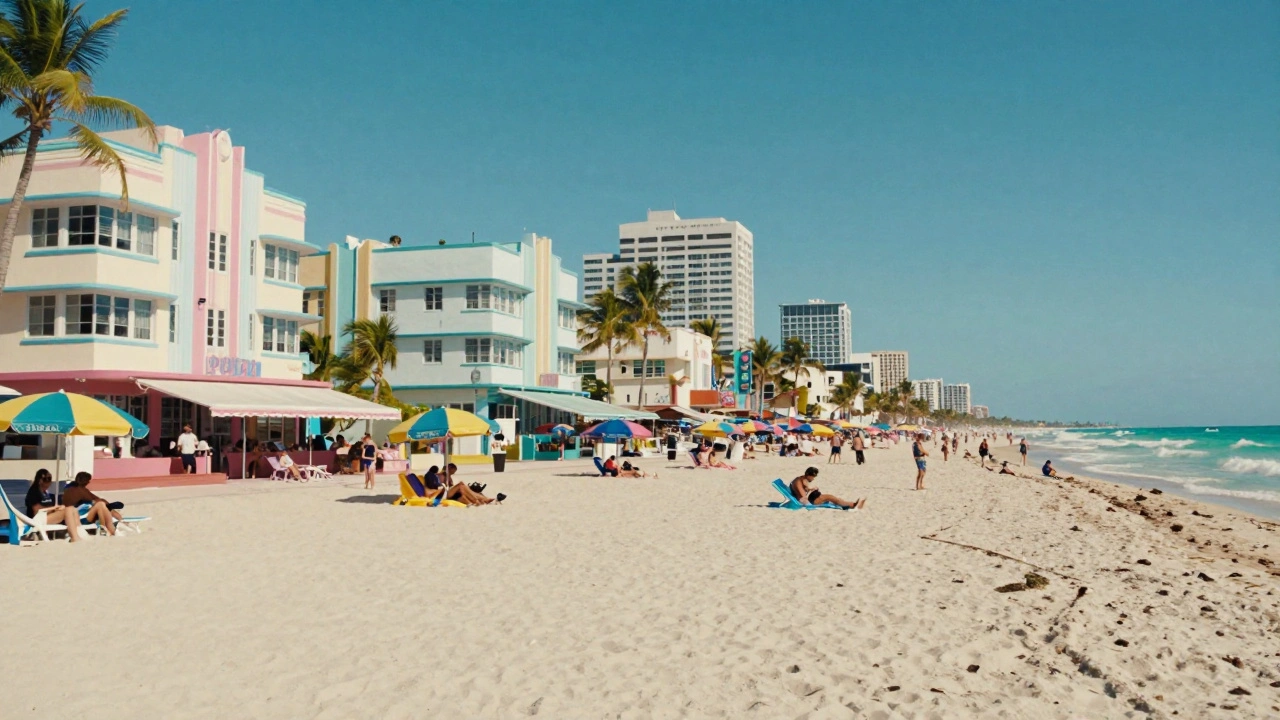 South Beach with pastel buildings, umbrellas, and surfers in bright blue-green water.