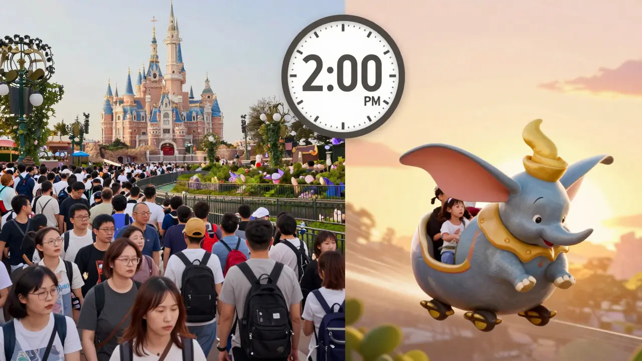 Split image: chaotic morning crowd vs. calm afternoon ride, with a 2 p.m. clock separating the two scenes.