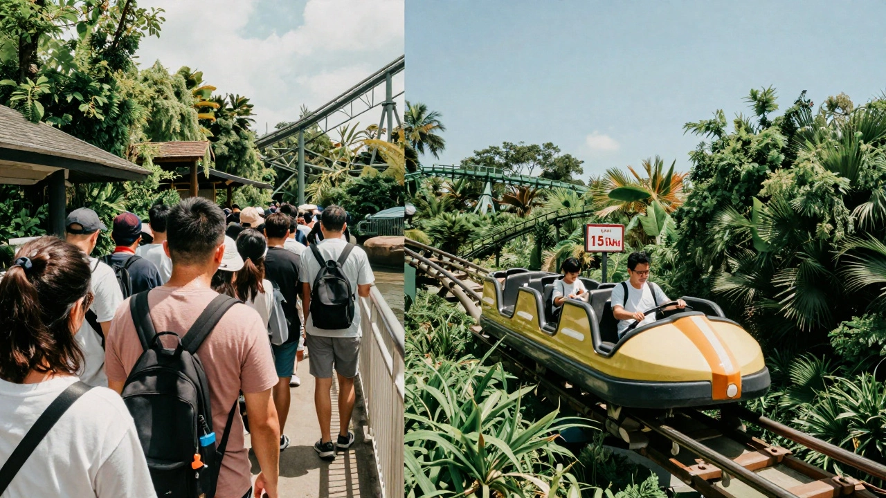 Split image: crowded Space Mountain line vs. empty ride with short wait sign, contrasting seasons.
