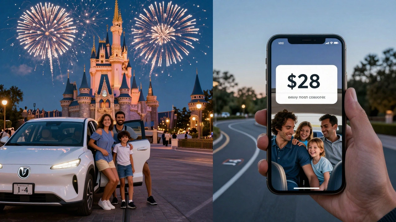 Split image: family arriving at Magic Kingdom at night with fireworks, and their early morning Uber fare receipt.