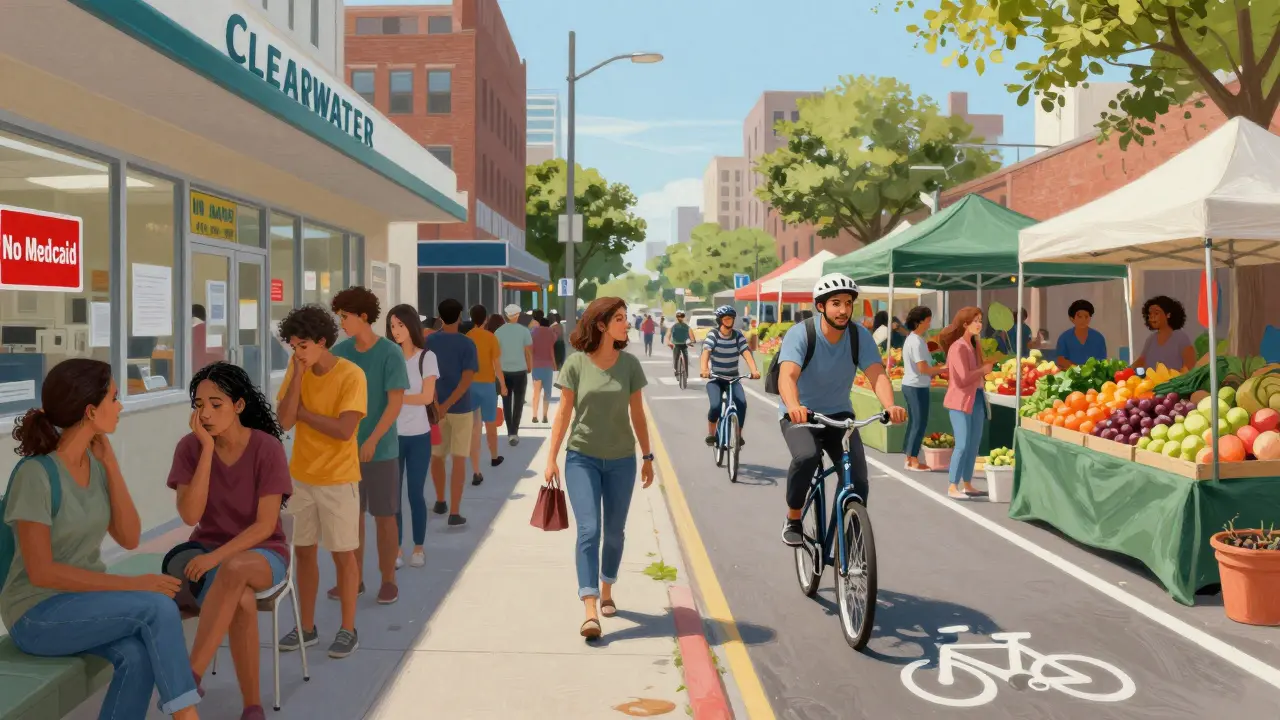 Split image: overcrowded clinic on one side, thriving farmers market on the other, showing health disparities in Clearwater.