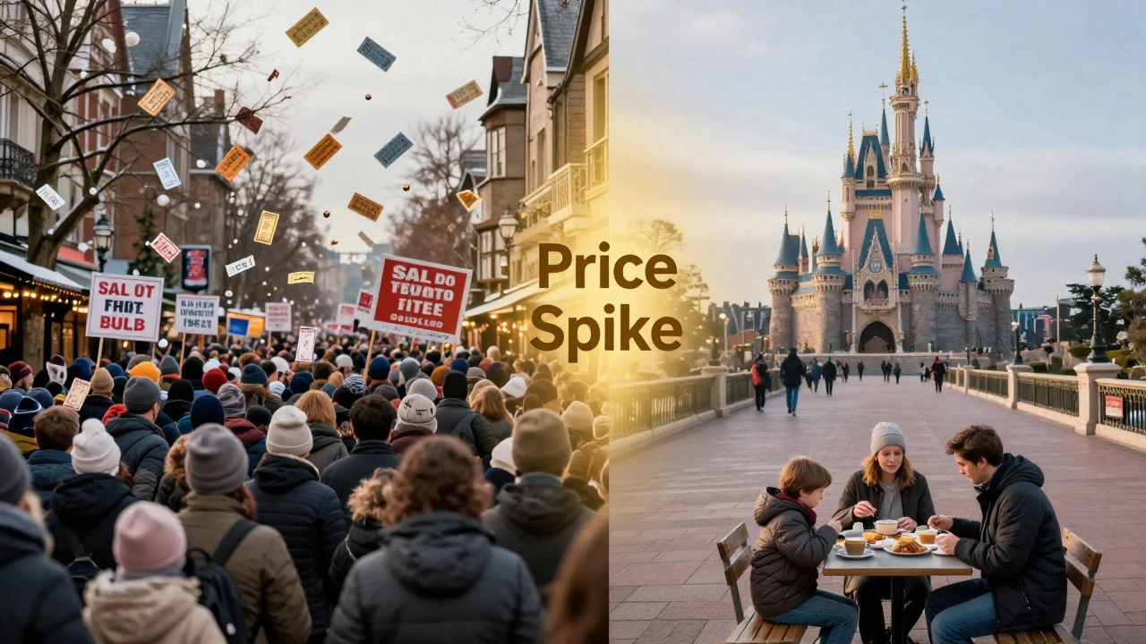 Split scene: chaotic December crowds versus peaceful January quiet, with the castle in the background and price tags floating above.
