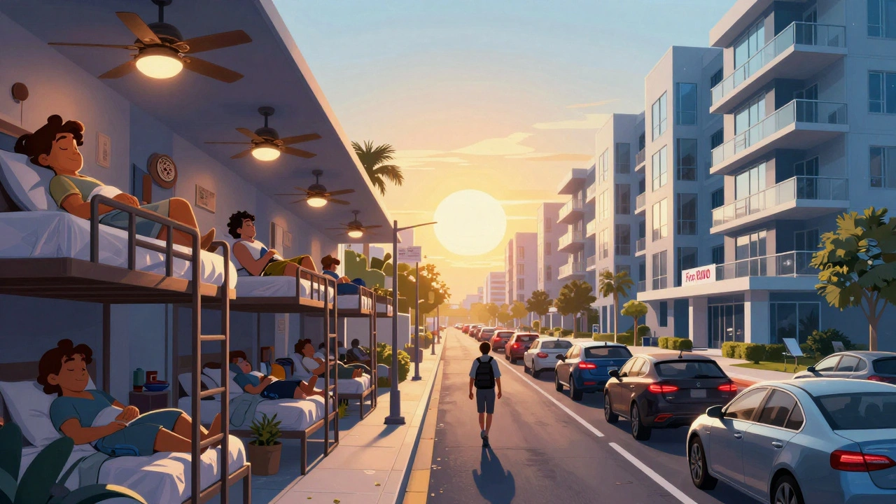 Split scene showing crowded shared housing on one side and luxury apartments on the other, with traffic in between.