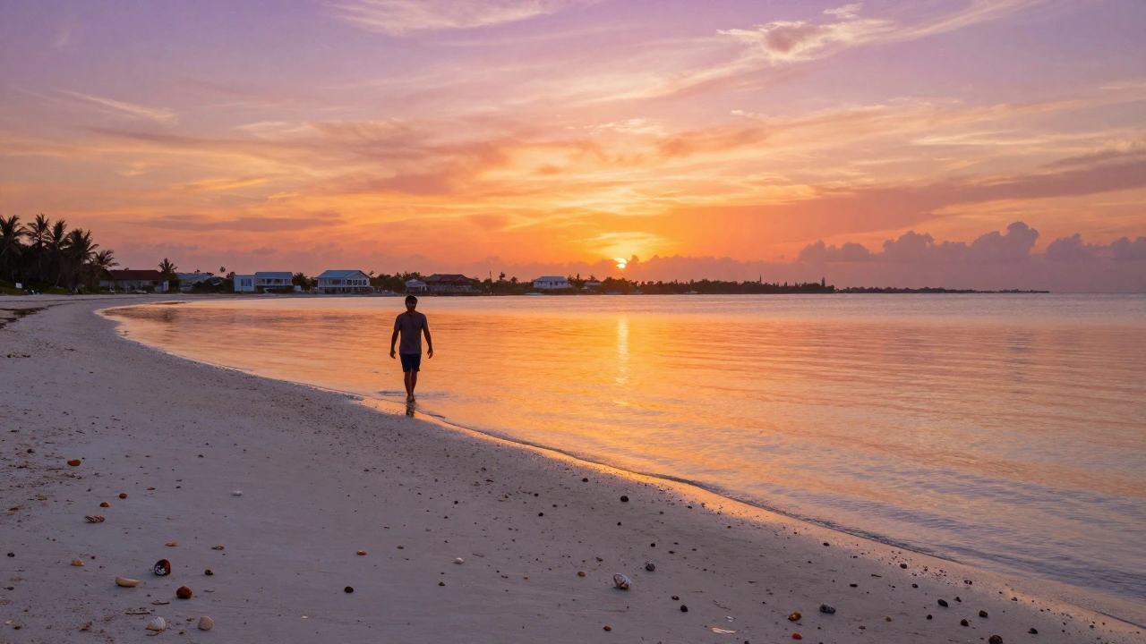 Sunset over Sanibel Island with mirrored water and a person walking among seashells.