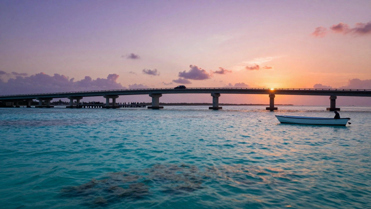 Sunset over the Seven Mile Bridge in the Florida Keys with calm waters.