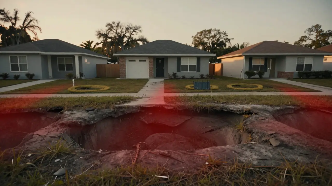 Three homes in high-risk Florida cities show warning signs as transparent underground cavities threaten their foundations.