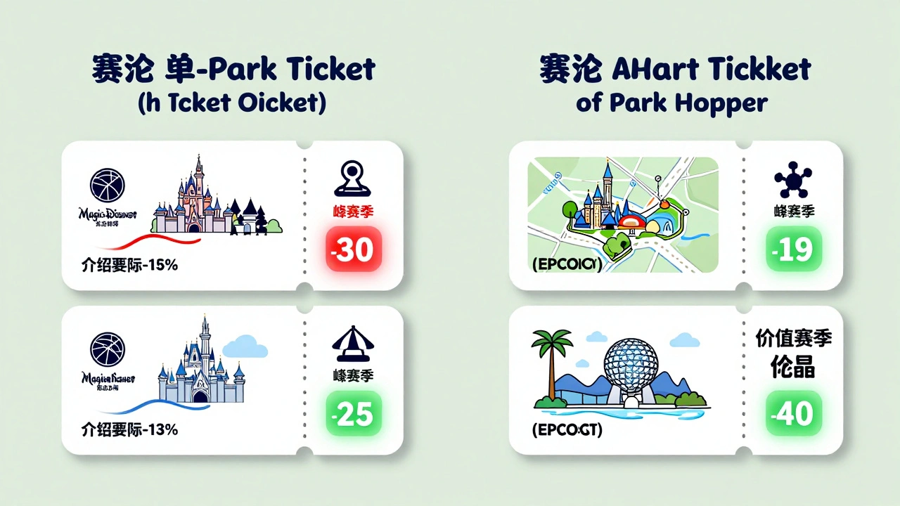 Two Disney ticket types shown with park icons and seasonal pricing indicators.